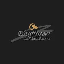 Logo mit zwei ineinandergreifenden goldenen Ringen über dem Schriftzug Ringjäger die Auftragssucher in hellgrauer Schrift auf dunklem Hintergrund