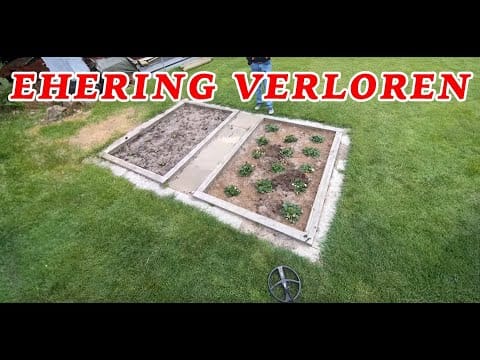 Ein Garten mit zwei rechteckigen Parzellen - eine bepflanzt, eine kahl -, umgeben von grünem Gras. Eine Schatzsuche metalldetektor Spule ist sichtbar, und fetter roter Text liest EHERING VERLOREN, eine Anspielung auf einen Ring verloren gefunden Geschichte.