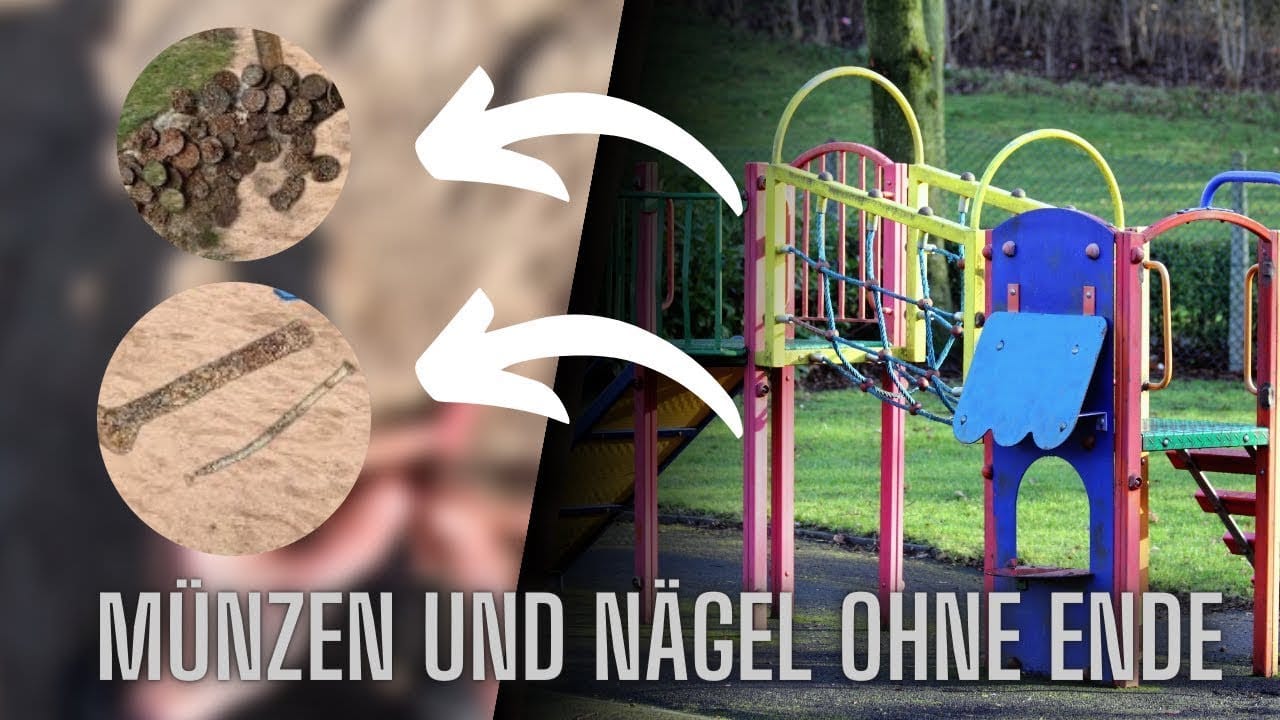 Ein geteiltes Bild mit alten Münzen und Nägeln auf der linken Seite, die durch weiße Pfeile mit einem bunten Spielplatz auf der rechten Seite verbunden sind. Der deutsche Text lautet: MÜNZEN UND NÄGEL OHNE ENDE-perfekt für Schatzsuche metalldetektor-Fans.