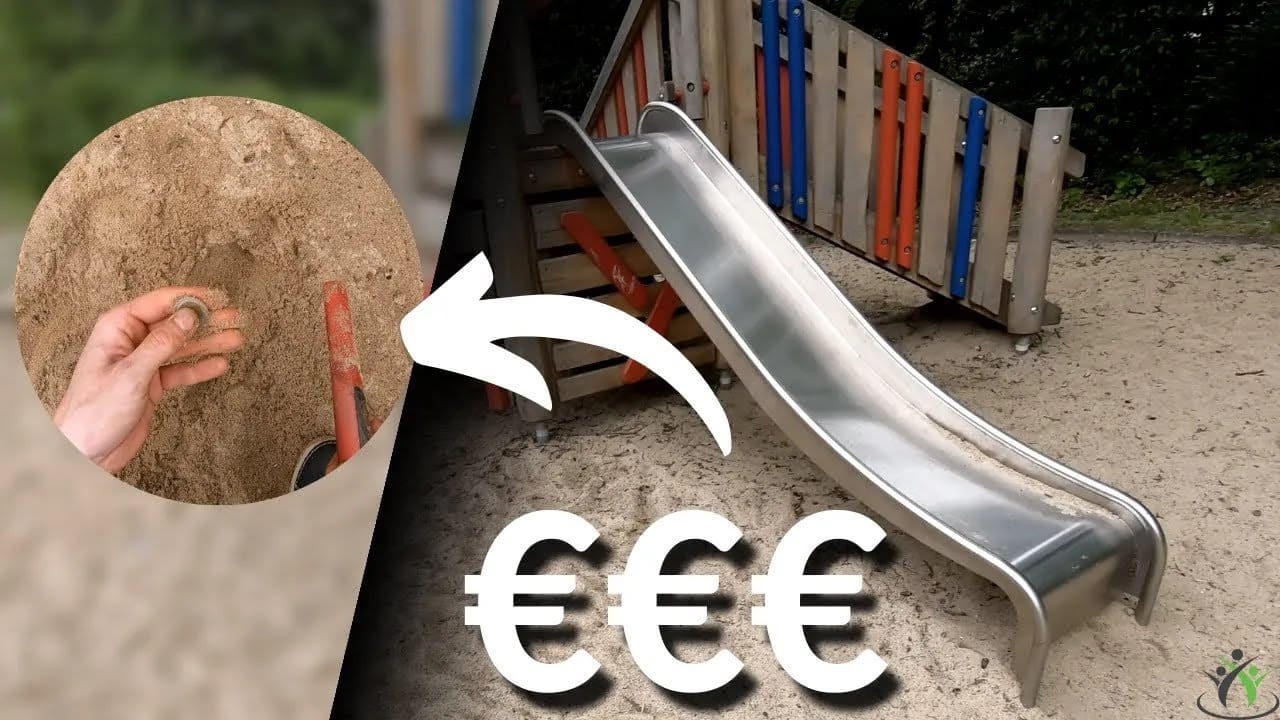 Eine Spielplatzrutsche aus Metall auf sandigem Boden mit einer Hand, die eine im Sand gefundene Münze hält. Große Eurozeichen (€€€) und ein weißer Pfeil verbinden die Münze mit der Rutsche und heben den Wert hervor - wie eine Schatzsuche mit Metalldetektor.