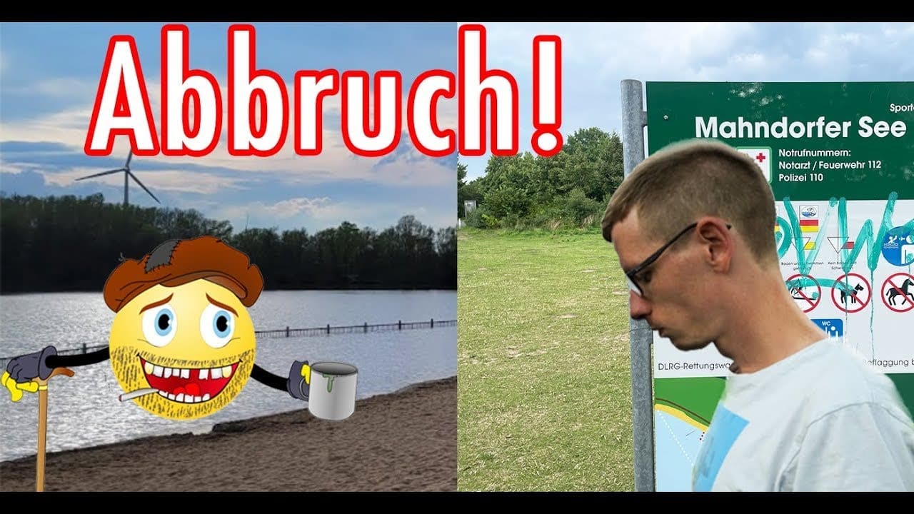 Ein geteiltes Bild: Links ein gelber Cartoon-Smiley mit Hut, Stock, Tasse an einem See und einem fetten roten "Abbruch!"-Hinweis auf eine Schatzsuche Metalldetektor; rechts ein Mann am Mahndorfer See.
