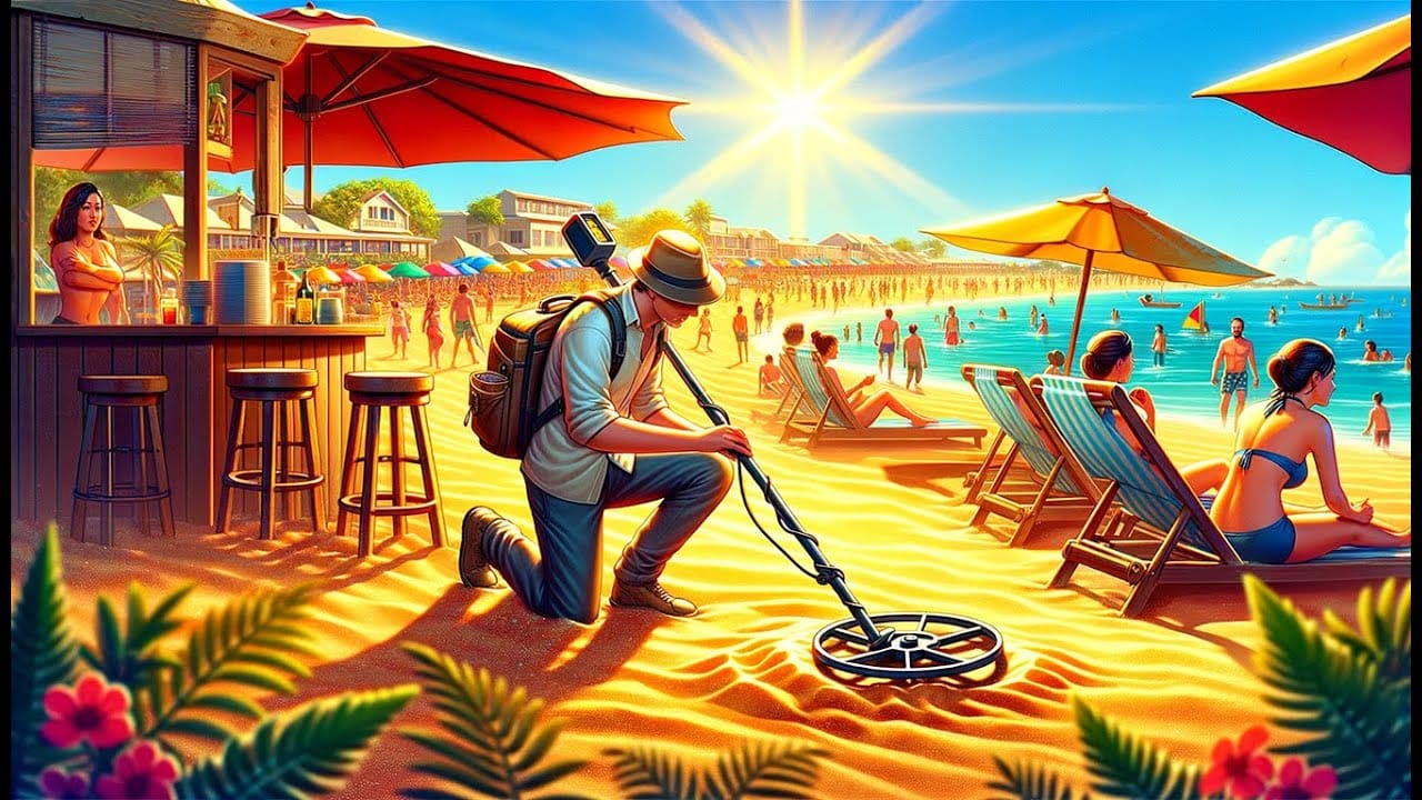 Ein Mann mit einem Rucksack führt eine Schatzsuche metalldetektor an einem sonnigen Strand in der Nähe einer Bar, umgeben von Menschen Sonnenbaden, Schwimmen und Entspannen unter Sonnenschirmen. Die lebendige Szene strotzt vor Farbe, strahlend blauem Himmel und Blumen im Vordergrund.