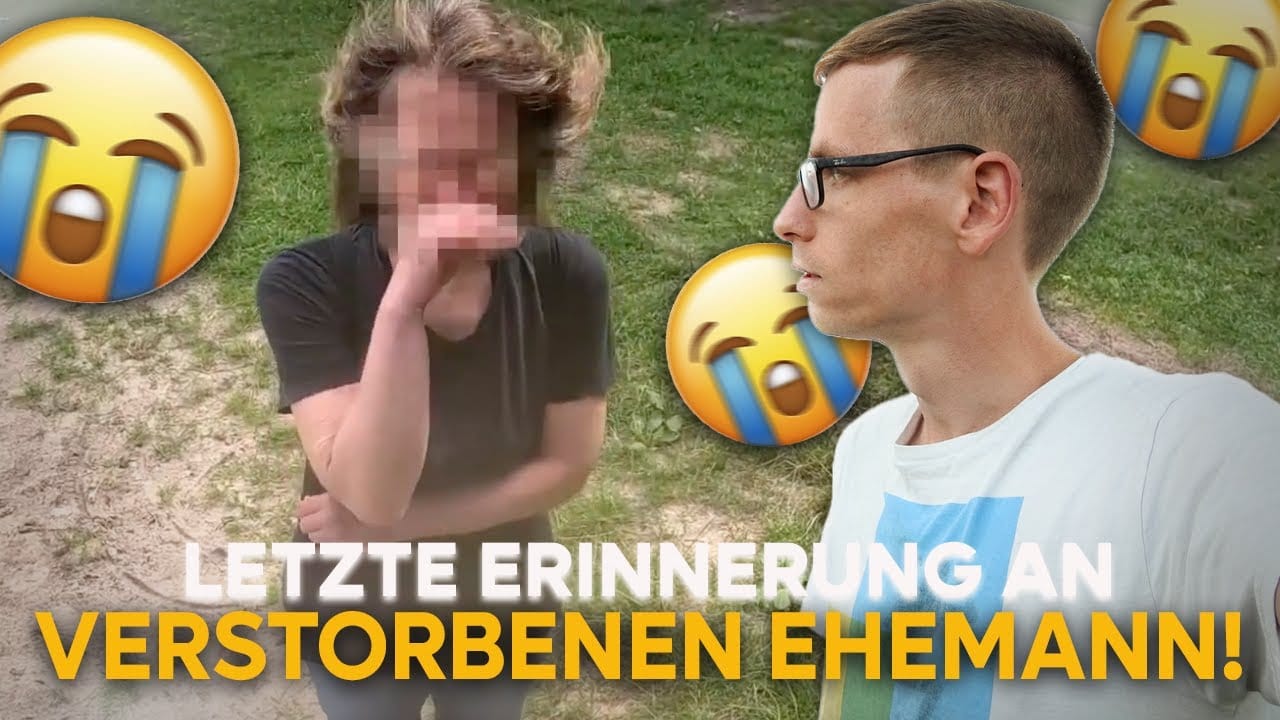 Ein Mann mit Brille blickt auf eine verpixelte Person draußen, mit zwei großen weinenden Emojis. Der deutsche Text lautet: LETZTE ERINNERUNG AN VERSTORBENEN EHEMANN!-seine Erinnerung wie ein Ring verloren gefunden nach einer Schatzsuche metalldetektor.