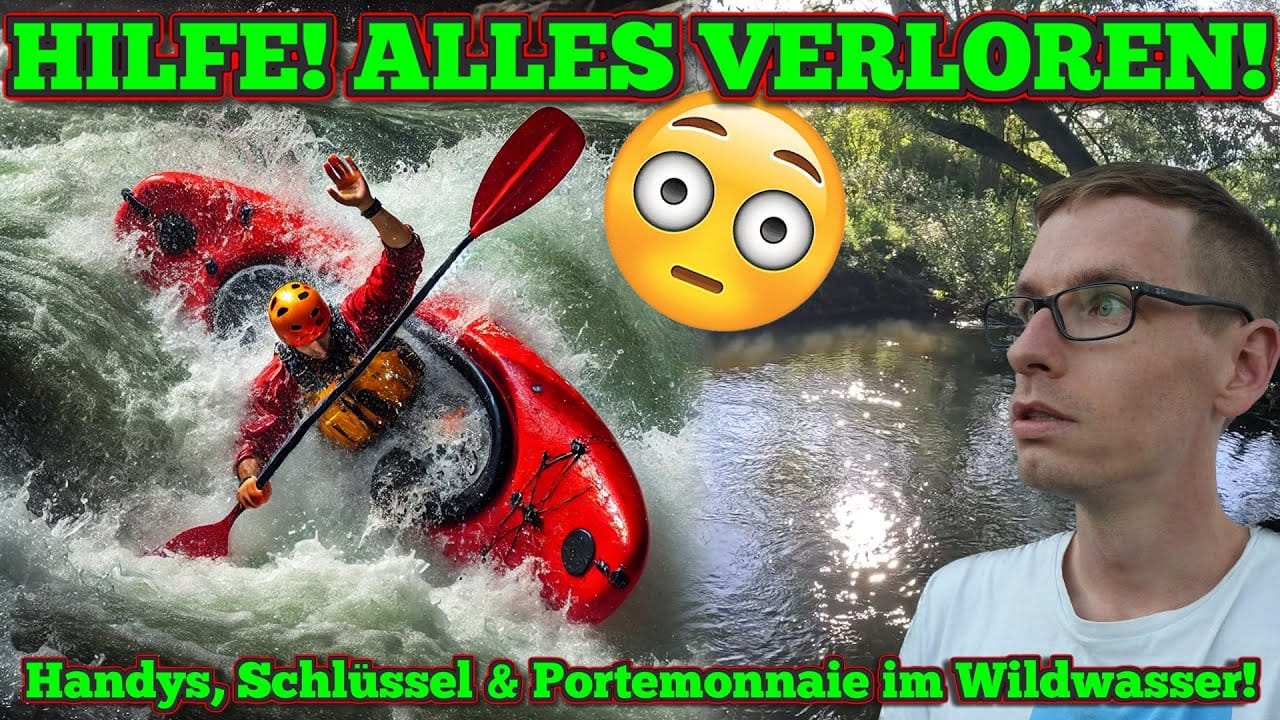 Ein Kajakfahrer im Wildwasser hebt einen Arm mit einem Paddel; ein überraschtes Emoji und ein besorgter Mann sind rechts zu sehen. Der große deutsche Text lautet: "Hilfe! Alles verloren! Handys, Schlüssel & Portemonnaie im Wildwasser - wie bei einer Schatzsuche mit Metalldetektor!.