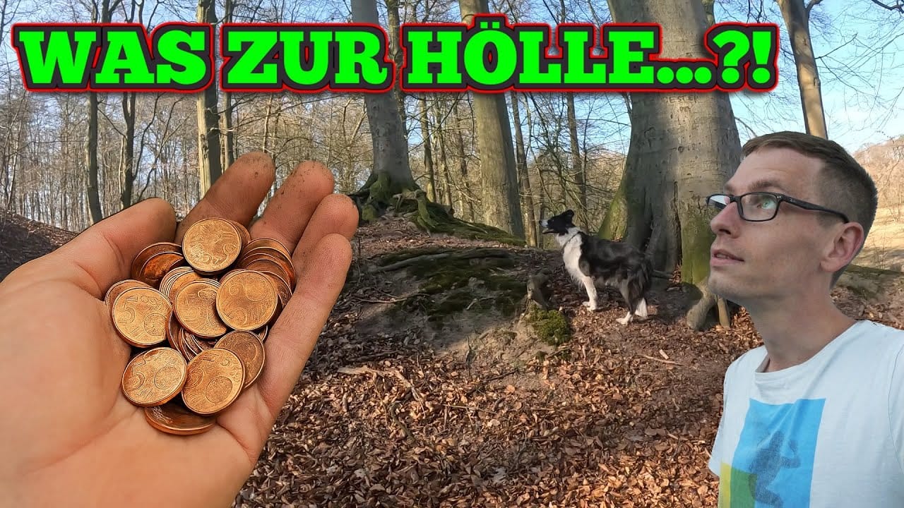 Ein Mann mit Brille steht in einem Wald, den Hund an der Leine - vielleicht in der Hoffnung auf eine Schatzsuche mit Metalldetektor. Ein Einschub zeigt eine Hand, die Euro-Cent-Münzen hält. Oben steht in großer grüner und roter Schrift: WAS ZUR HÖLLE...!.