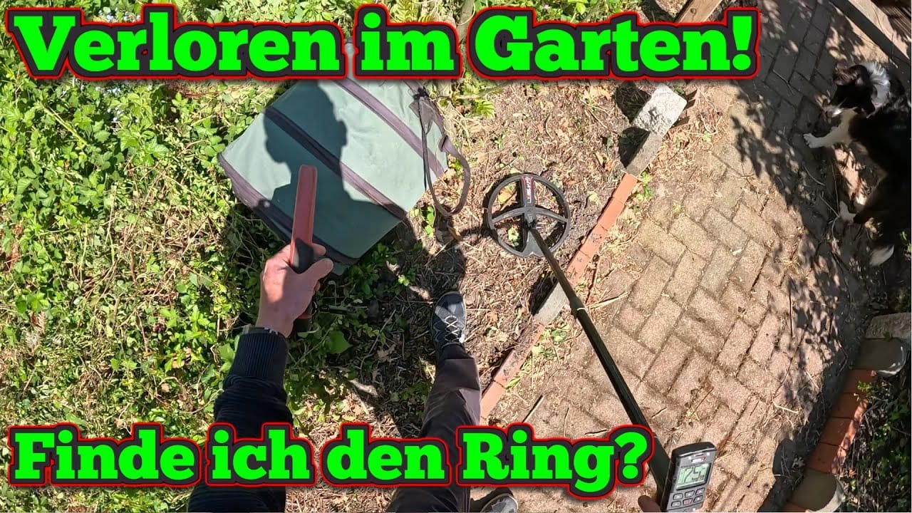 Eine Person benutzt einen Metalldetektor in einem verlorenen Garten in der Nähe einer gepflasterten Fläche. Der Text auf Deutsch lautet: Verloren im Garten! Finde ich den Ring? Eine schwarz-weiße Katze steht in der Nähe, während sie auf Ringfunde hofft.