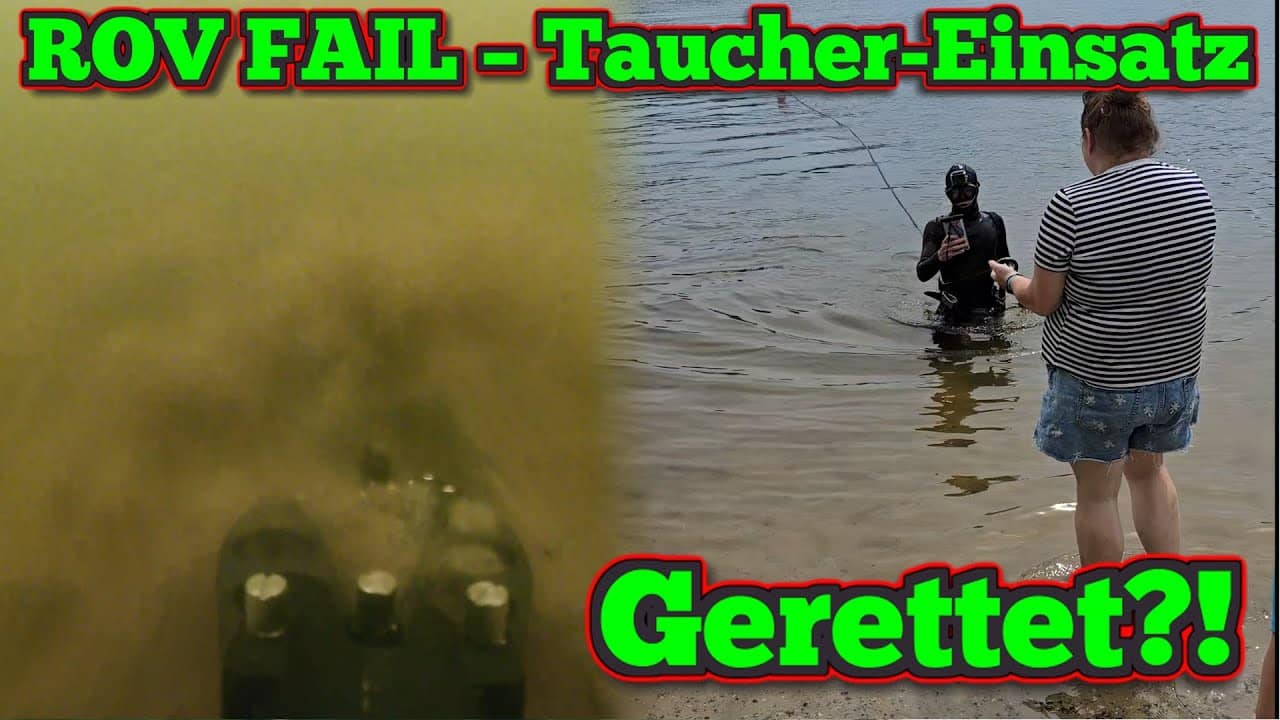 Geteiltes Bild: Links deutet eine trübe Unterwasserszene auf ein Handy im Wasser verloren. Rechts steht ein Taucher in schwarzer Ausrüstung in einem See, während eine Frau am Ufer mit ihm interagiert. Fettgedruckter deutscher Text überlagert das Bild.