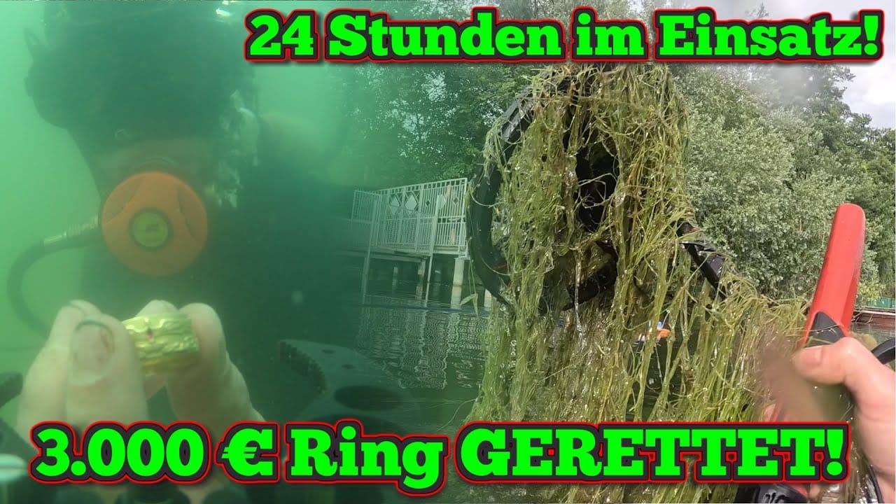 Ein Taucher hält unter Wasser einen goldenen Ring, indem er Schatzsuche Metalldetektor-Fähigkeiten einsetzt, während er Wasserpflanzen hochzieht. Der deutsche Text lautet: 24 Stunden im Einsatz! 3.000 € Ring GERETTET! Über dem Wasser sind ein Steg und Bäume zu sehen.
