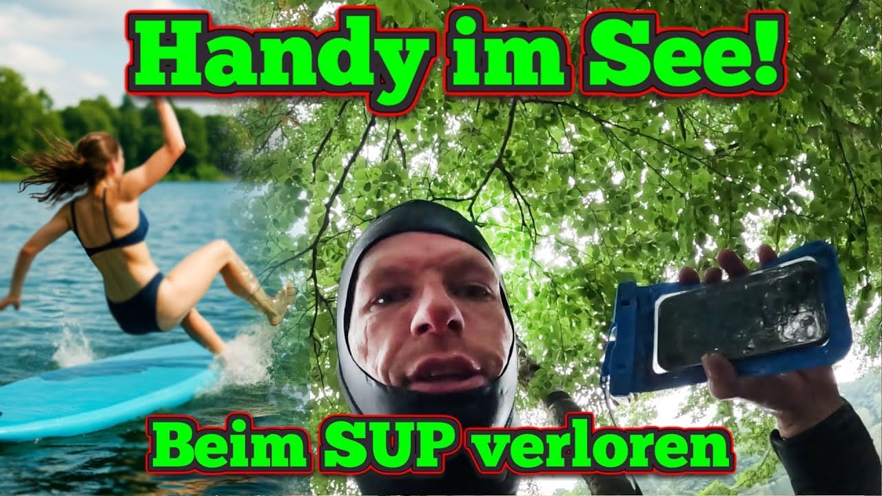 Eine Frau fällt beim Stand-up-Paddeln ins Wasser und verliert ihr Handy im See. Im Vordergrund hält jemand in Neopren einen Fund - Handy aus dem See verloren, aber dank moderner Schatzsuche mit Metalldetektor wiedergefunden!.
